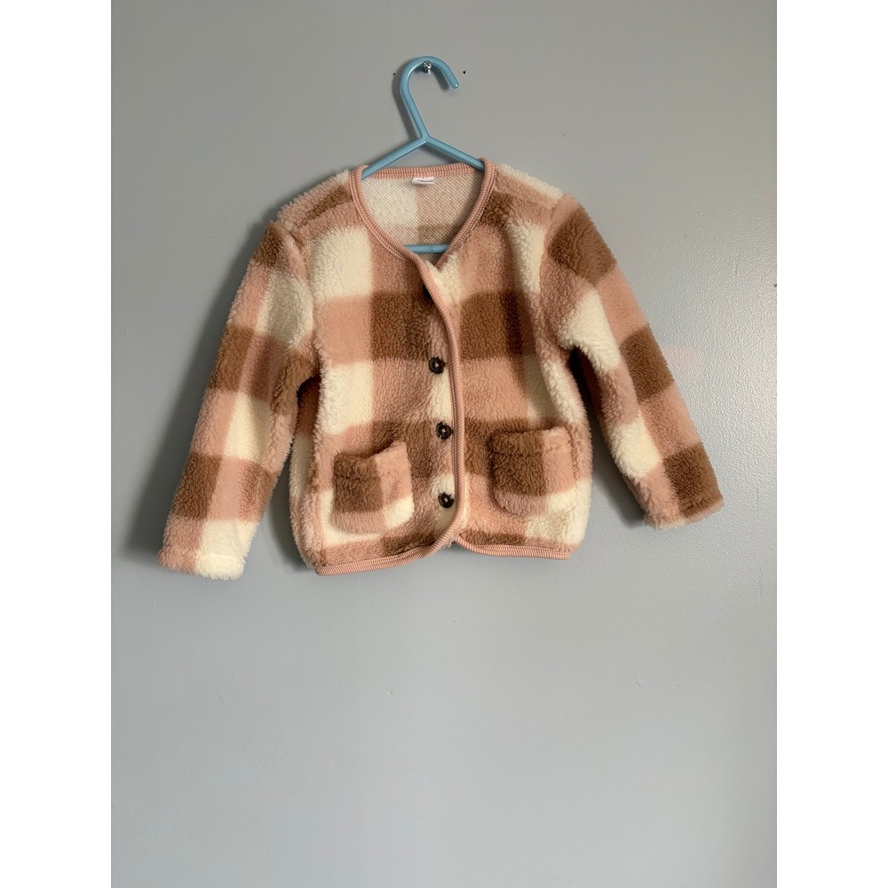 PL Kids Pink Brown Buffalo Check Sherpa Fleece Cardigan Jacket 2T 23H FW49 E03